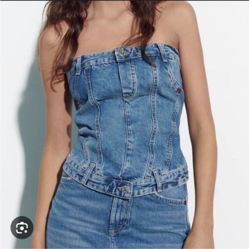 Zara Blue Denim Strapless Corset Tank